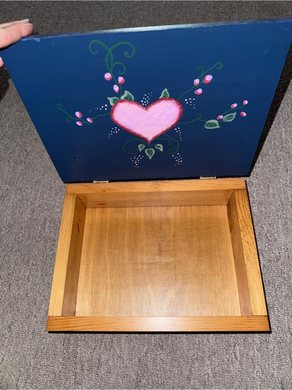 Hand-Painted Blue Wooden Storage Box with Pink Heart Lid